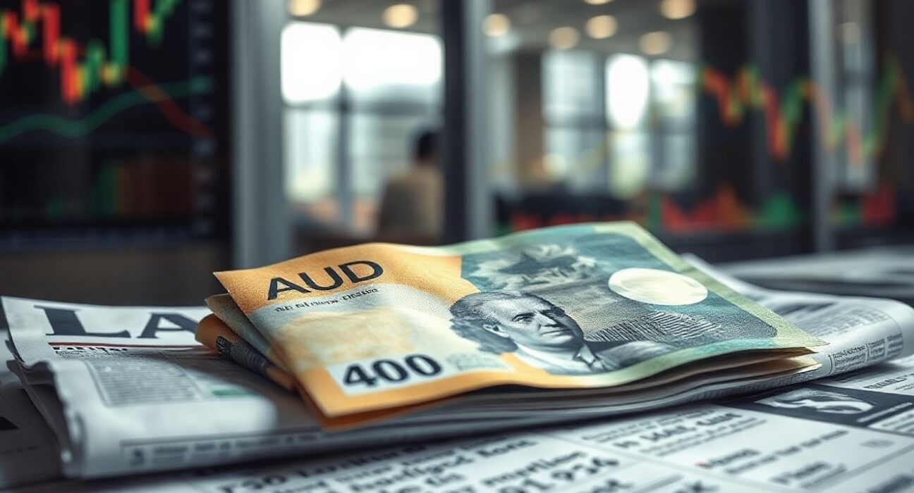 Australian Dollar banknotes with financial charts in background, symbolizing FX market analysis.