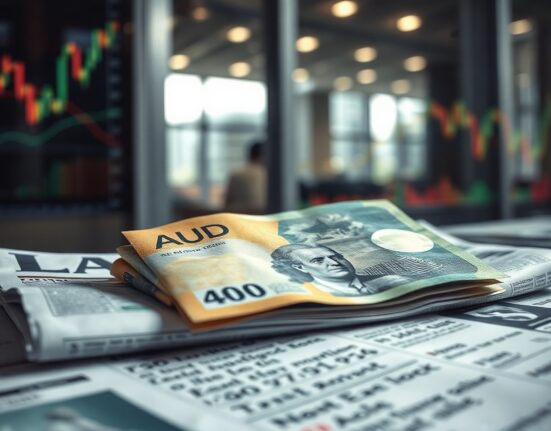 Australian Dollar banknotes with financial charts in background, symbolizing FX market analysis.
