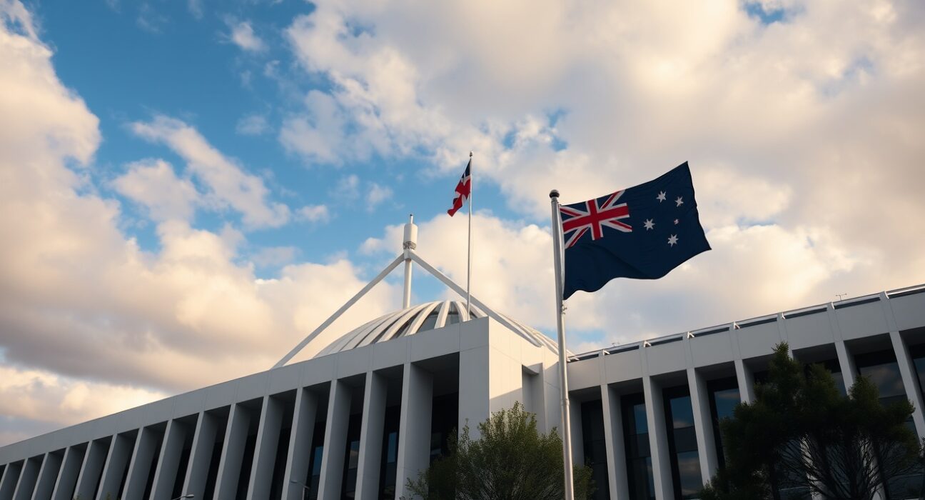 Australian Parliament House in Canberra with flag flying under partly cloudy sky