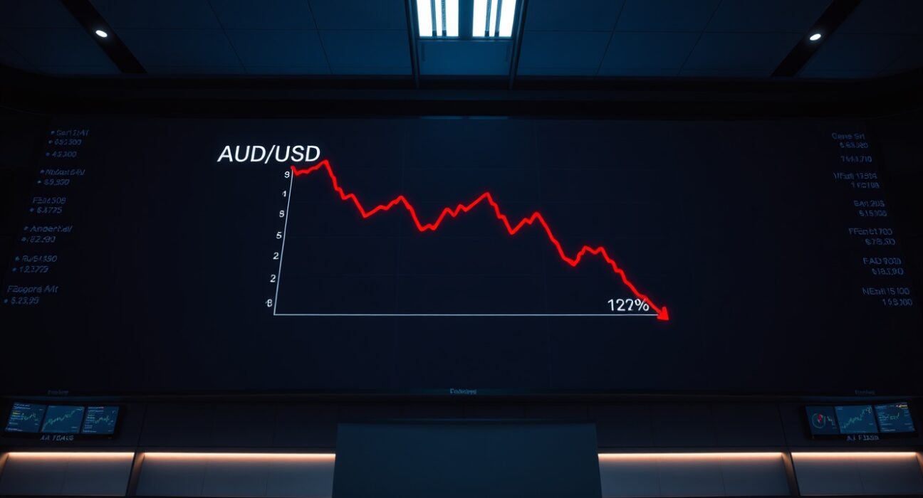 A trading board showing a downward trend for the Australian dollar against the US dollar, indicating bearish market sentiment.