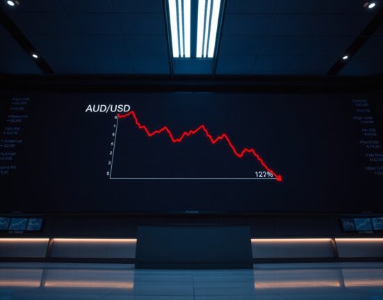 A trading board showing a downward trend for the Australian dollar against the US dollar, indicating bearish market sentiment.