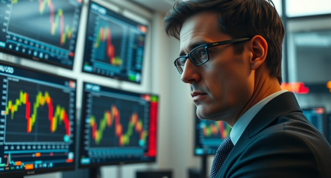 Financial trader analyzing AUD/USD forex charts on multiple monitors in a modern trading floor.