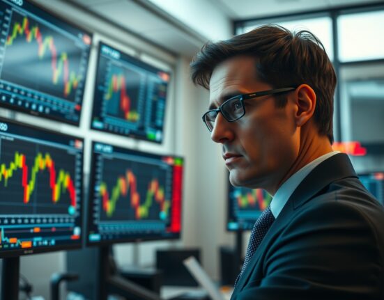 Financial trader analyzing AUD/USD forex charts on multiple monitors in a modern trading floor.