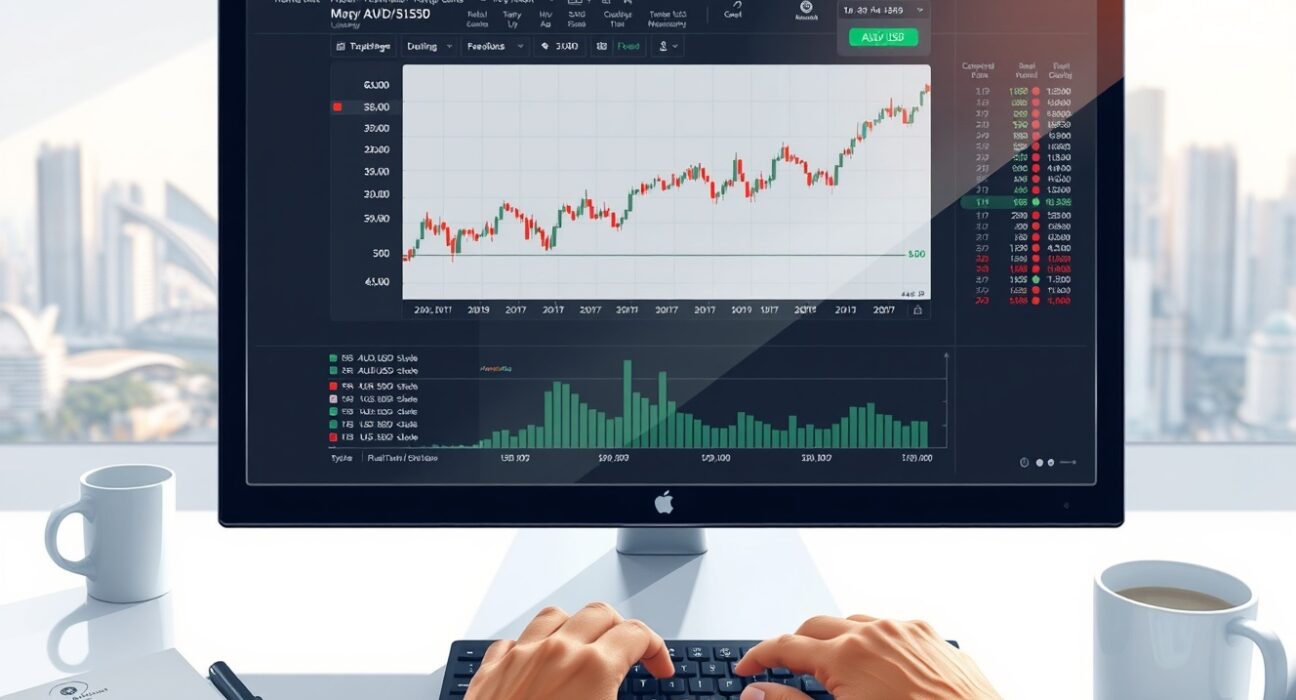 Australian Dollar exchange rate charts on trading desk monitor following China economic data release