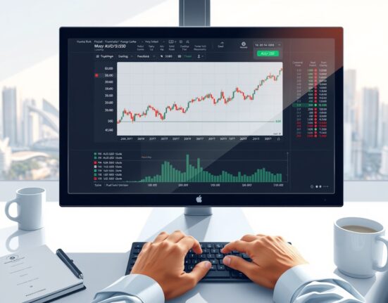 Australian Dollar exchange rate charts on trading desk monitor following China economic data release