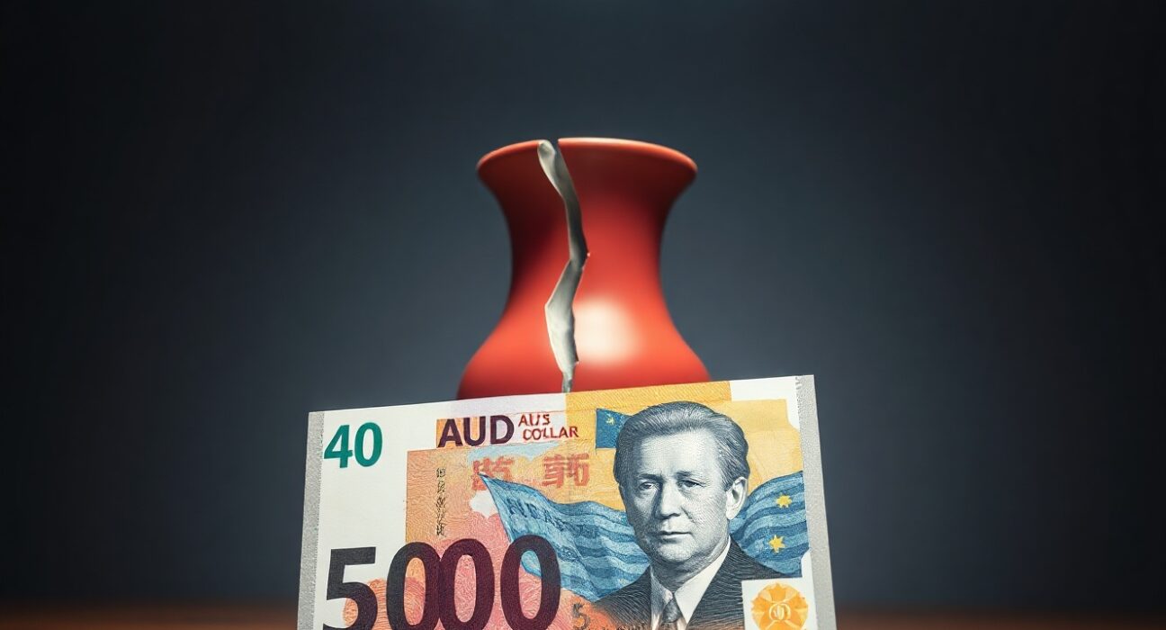 Australian dollar banknote leaning against a cracked Chinese porcelain vase, symbolizing economic reliance on China.