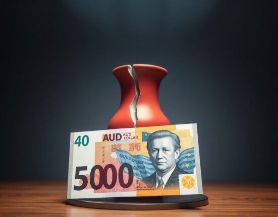Australian dollar banknote leaning against a cracked Chinese porcelain vase, symbolizing economic reliance on China.