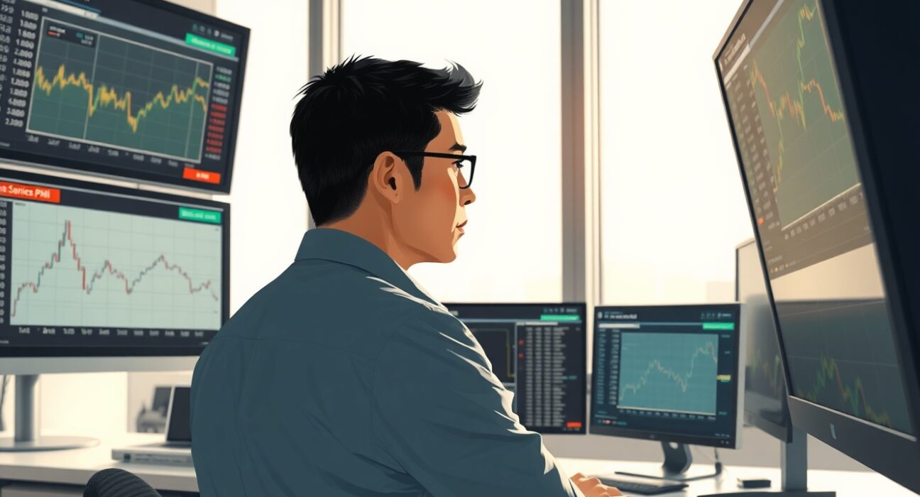 Financial analyst reviews Australian Dollar and China Services PMI data on trading screens.