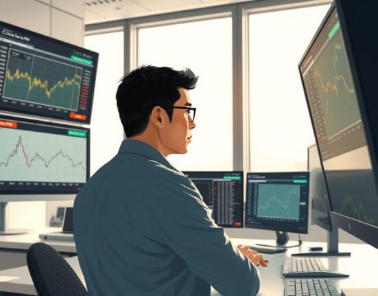 Financial analyst reviews Australian Dollar and China Services PMI data on trading screens.