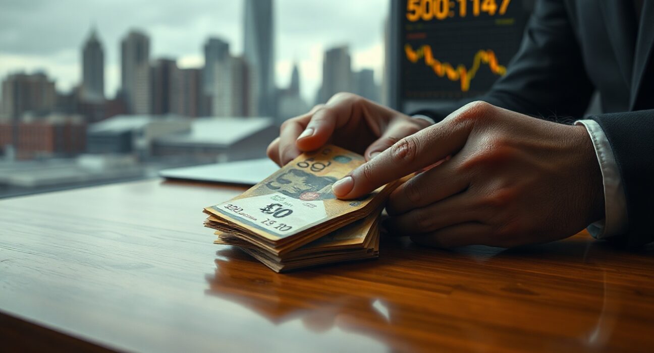 Australian dollar banknotes on a counter with a dim city skyline and stock ticker in background