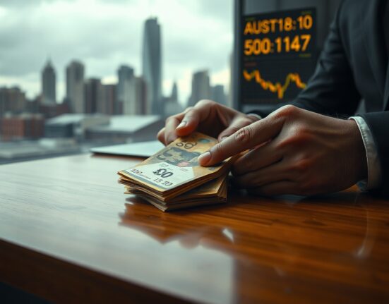 Australian dollar banknotes on a counter with a dim city skyline and stock ticker in background