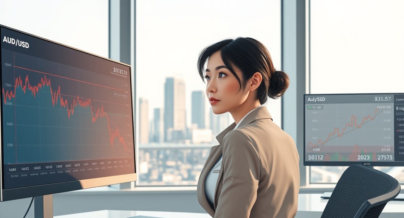 Trader in Sydney analyzes AUD/USD chart after China trade balance data release.