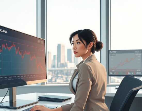 Trader in Sydney analyzes AUD/USD chart after China trade balance data release.