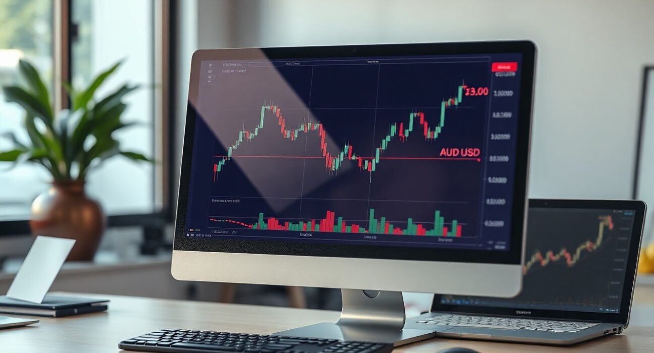 AUD/USD chart on a trading screen in a financial office, reflecting market movements.