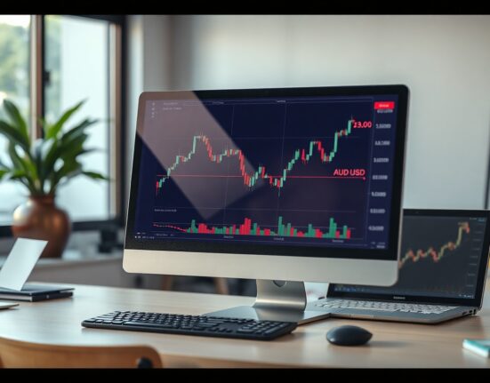AUD/USD chart on a trading screen in a financial office, reflecting market movements.