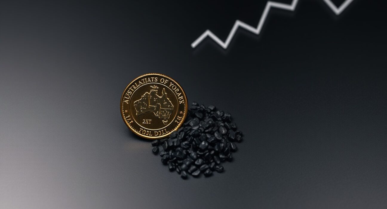 Australian dollar coin with iron ore pellets on dark surface representing commodity-driven currency