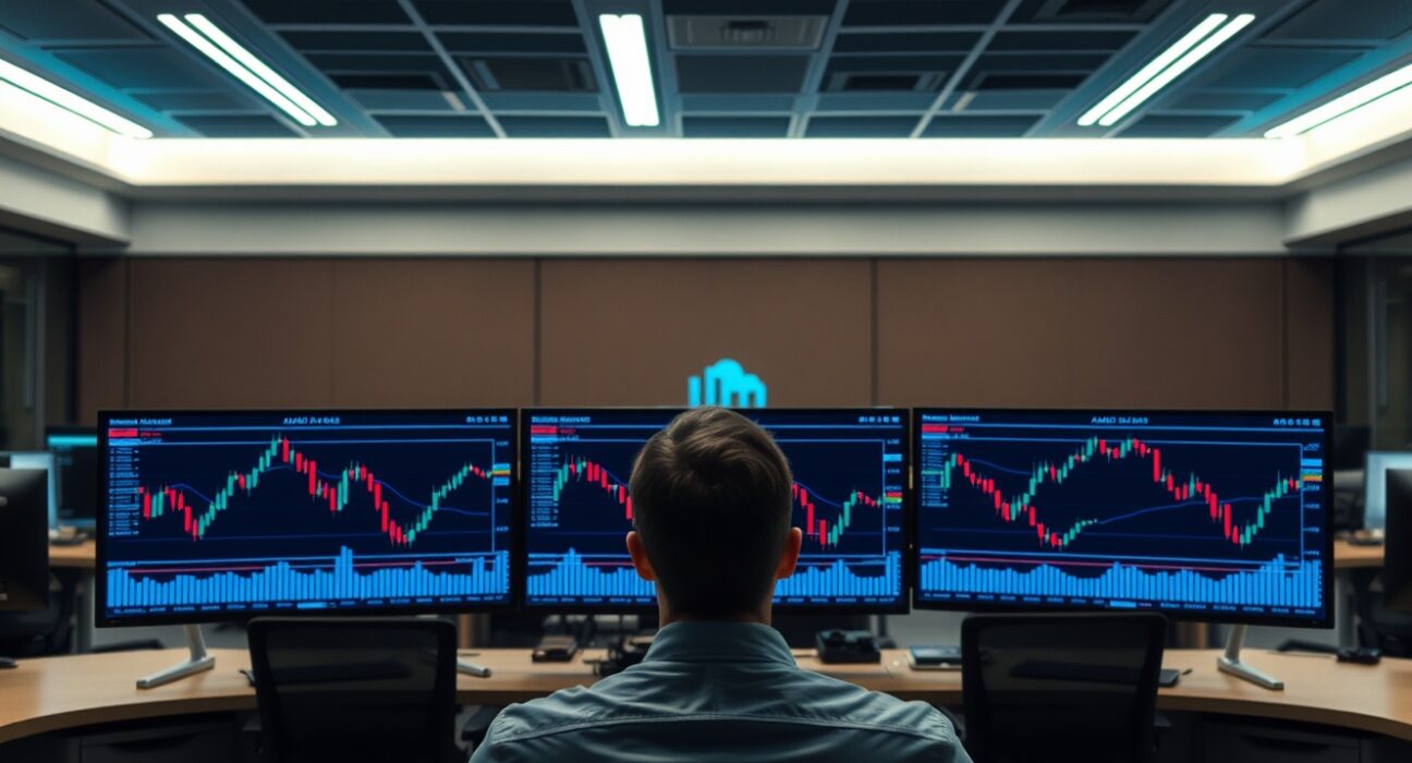 AUD/USD currency charts displayed on trading monitors in a financial office