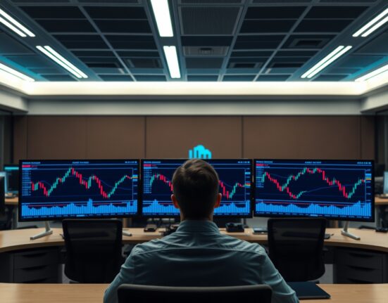 AUD/USD currency charts displayed on trading monitors in a financial office