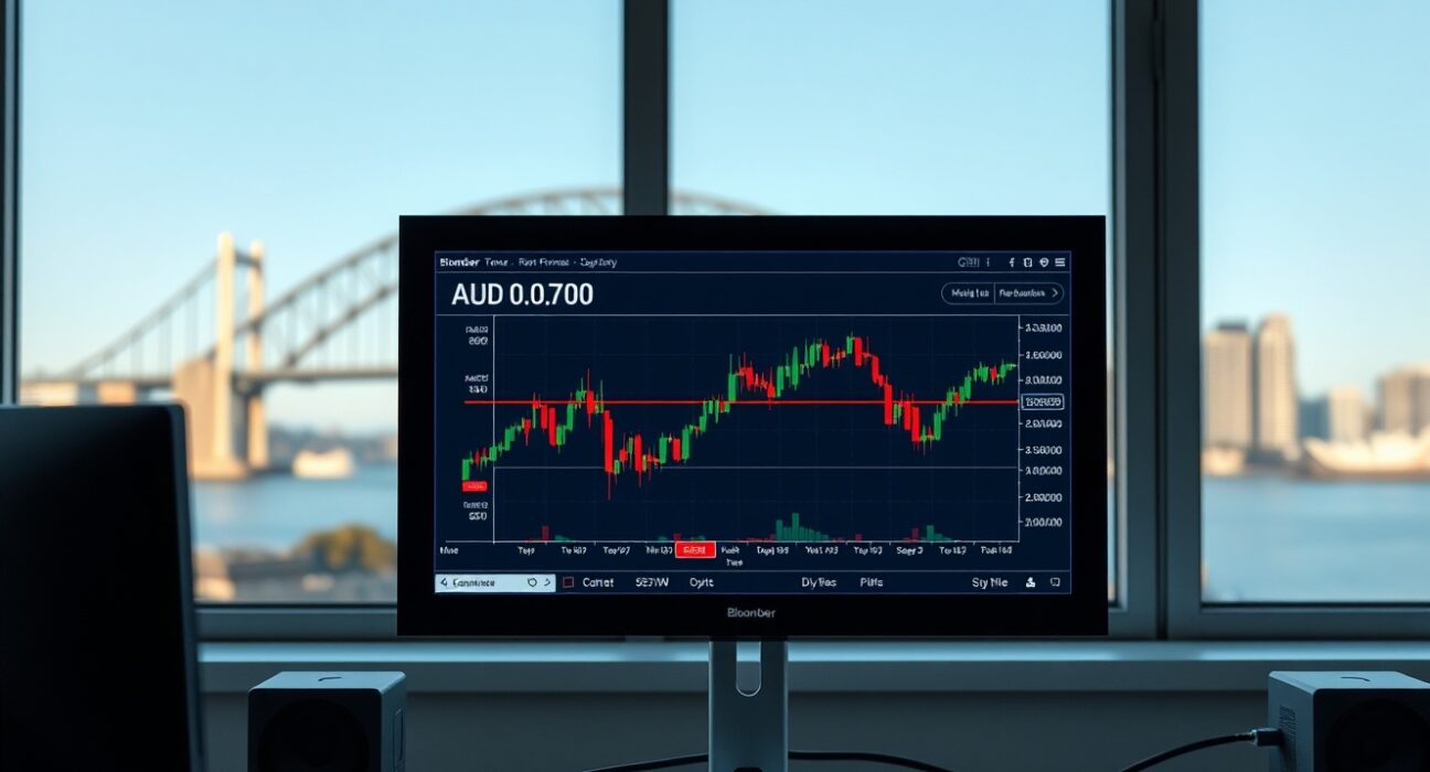 Australian Dollar AUD/USD trading at 0.7000 on forex terminal with Sydney Harbour background