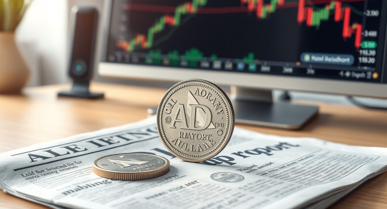 Australian Dollar coin on CPI report with forex chart showing downward trend, representing AUD/USD market reaction to inflation data and Fed decision.