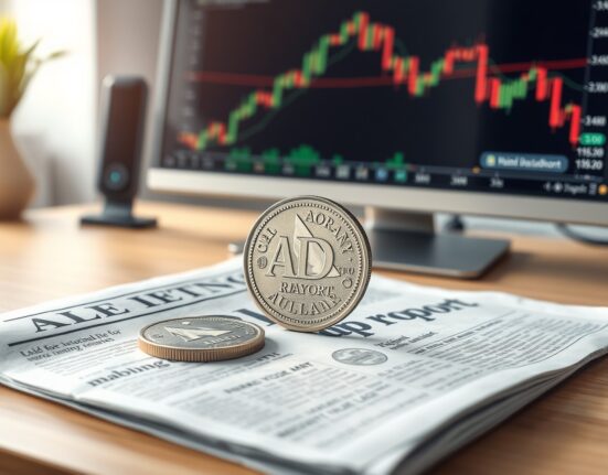 Australian Dollar coin on CPI report with forex chart showing downward trend, representing AUD/USD market reaction to inflation data and Fed decision.