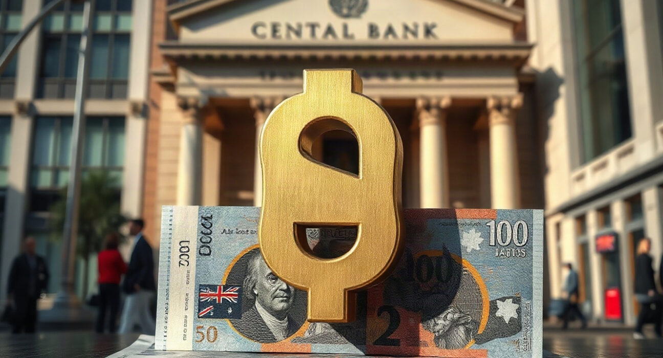 Australian Dollar banknotes and coins with economic charts in background
