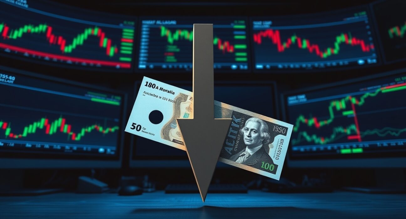 Sharp downward arrow over Australian Dollar banknote on trading desk with monitors showing charts.