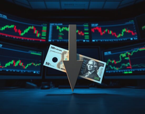 Sharp downward arrow over Australian Dollar banknote on trading desk with monitors showing charts.