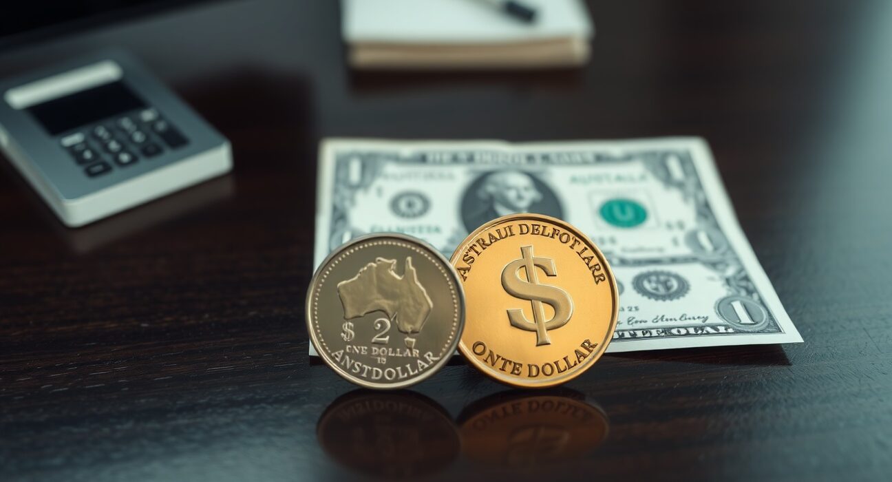 Australian coin and US dollar bill on a dark surface, representing AUD/USD currency pair.