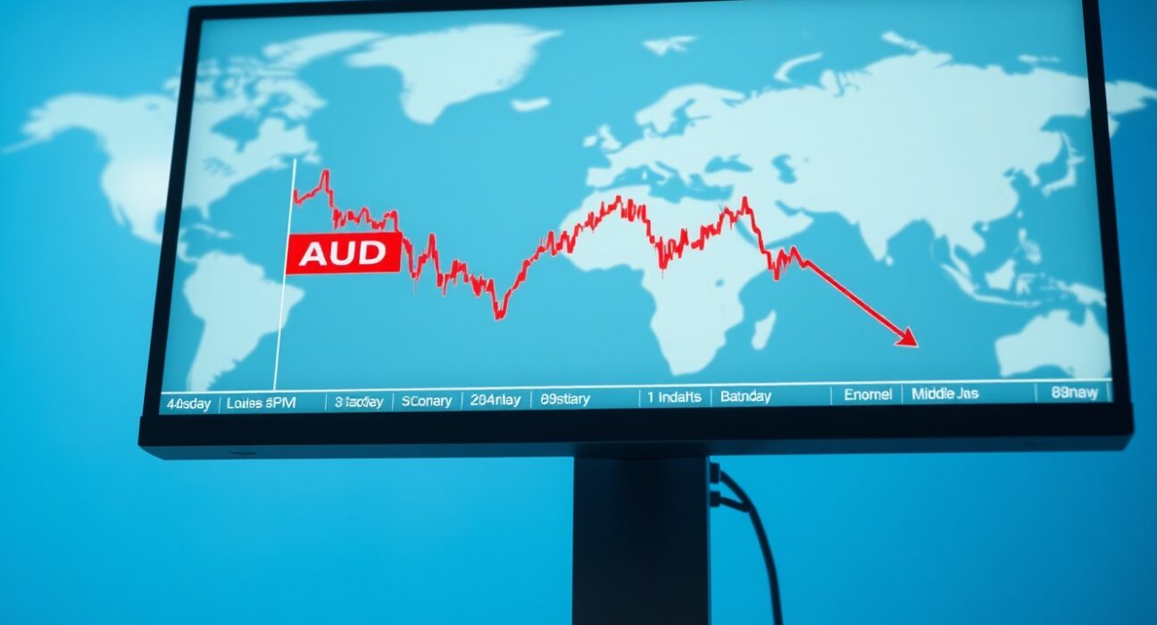 Australian Dollar AUD/USD chart declining due to fading US-Iran ceasefire optimism and geopolitical risk.