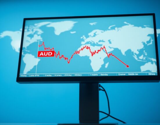 Australian Dollar AUD/USD chart declining due to fading US-Iran ceasefire optimism and geopolitical risk.
