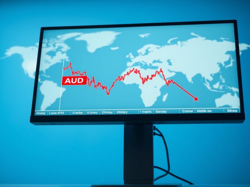 Australian Dollar AUD/USD chart declining due to fading US-Iran ceasefire optimism and geopolitical risk.