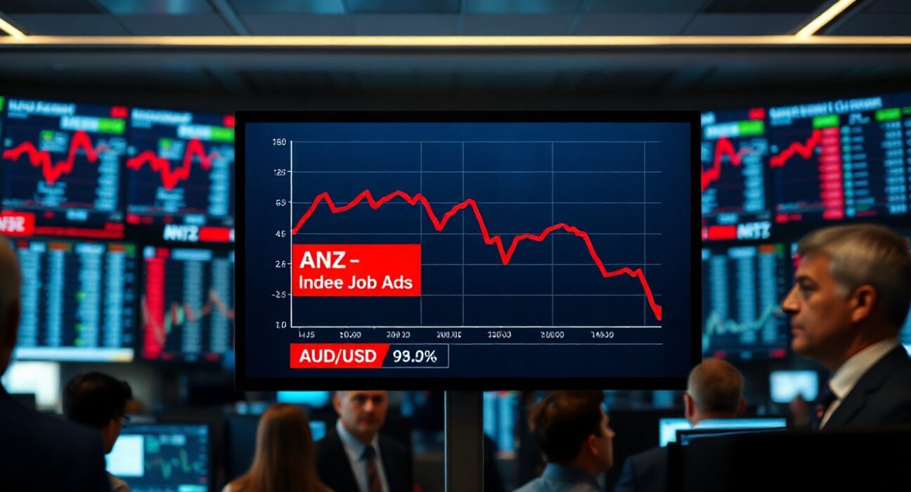 Digital screen showing declining ANZ Indeed Job Ads chart and AUD/USD rate in a trading room