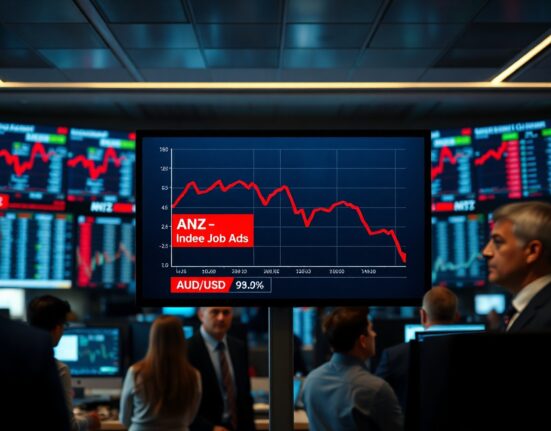 Digital screen showing declining ANZ Indeed Job Ads chart and AUD/USD rate in a trading room