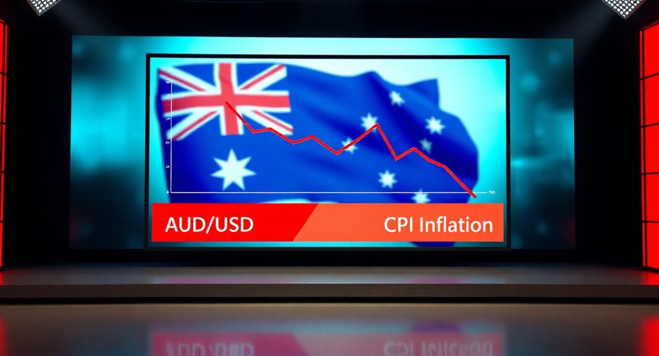 Financial screen showing declining AUD/USD and CPI inflation chart in a news studio