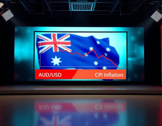 Financial screen showing declining AUD/USD and CPI inflation chart in a news studio