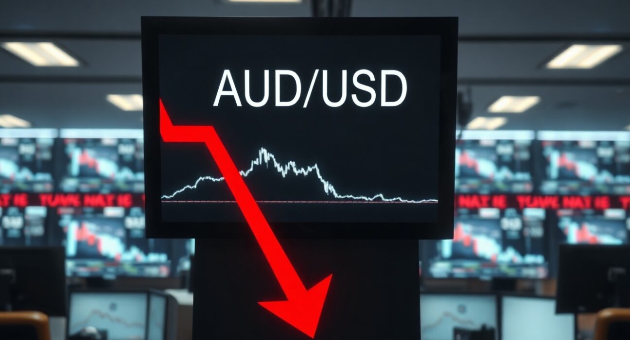 Digital trading screen showing AUD/USD exchange rate with a downward trend arrow in a dimly lit trading floor.