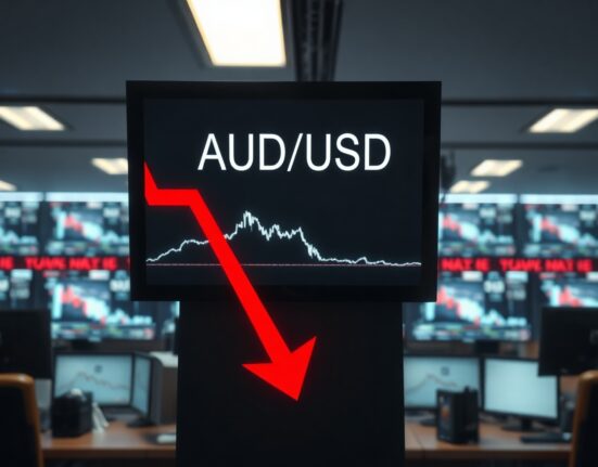Digital trading screen showing AUD/USD exchange rate with a downward trend arrow in a dimly lit trading floor.