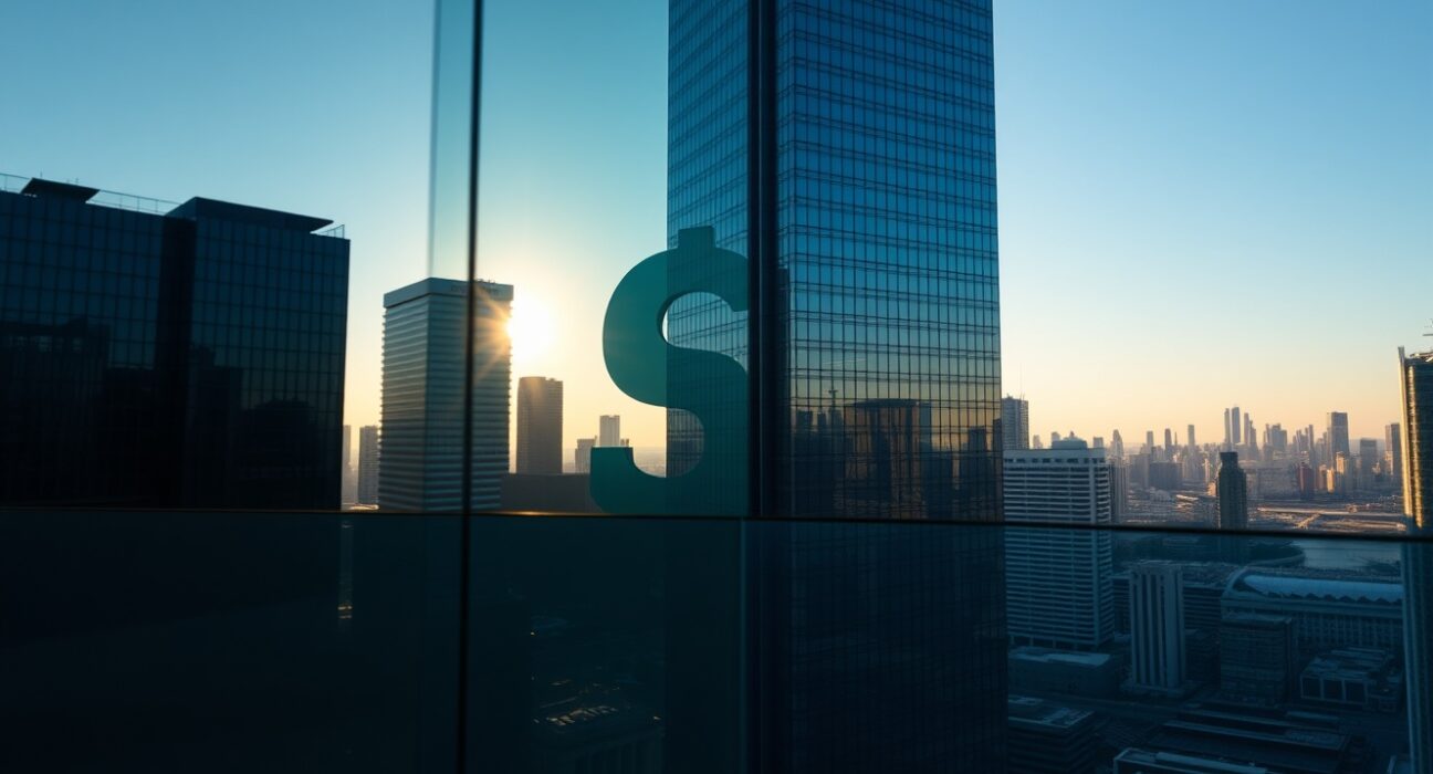 Australian dollar symbol reflected in a modern skyscraper glass facade at sunrise, representing forex market movements.
