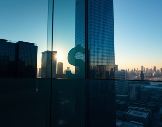 Australian dollar symbol reflected in a modern skyscraper glass facade at sunrise, representing forex market movements.