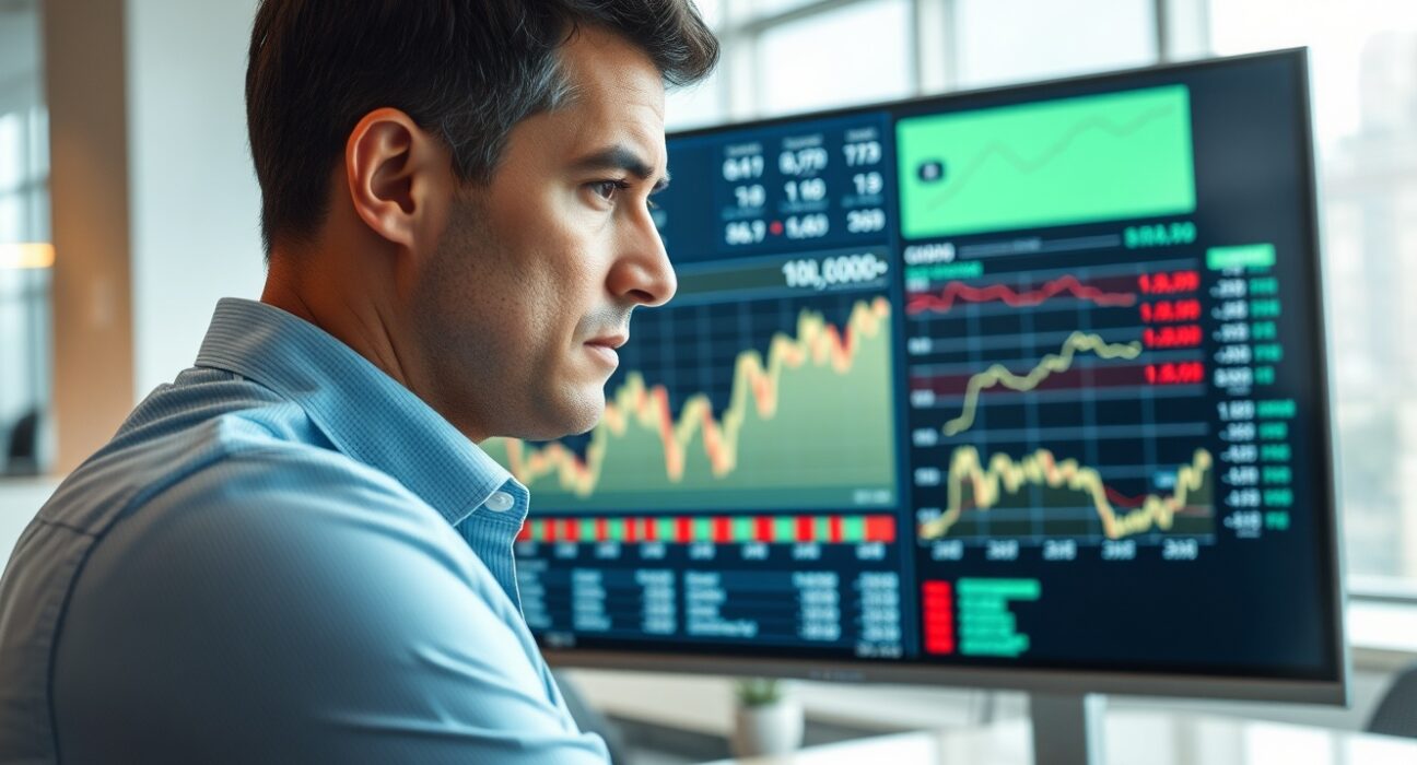 Financial analyst monitoring currency and inflation data on a digital screen in a Sydney office.