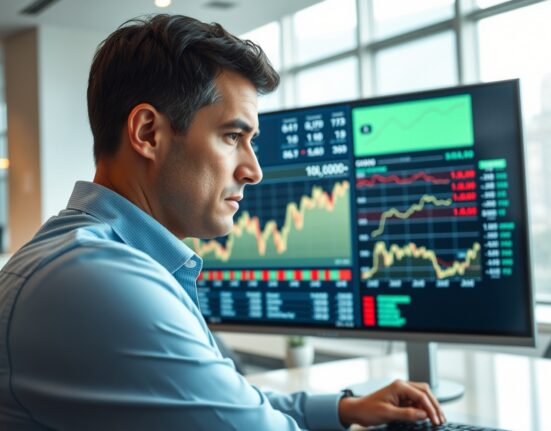 Financial analyst monitoring currency and inflation data on a digital screen in a Sydney office.