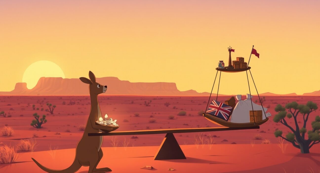 Symbolic Ghibli-style art representing the Australian trade surplus narrowing and its impact on the currency.