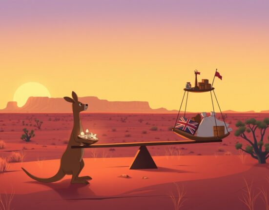 Symbolic Ghibli-style art representing the Australian trade surplus narrowing and its impact on the