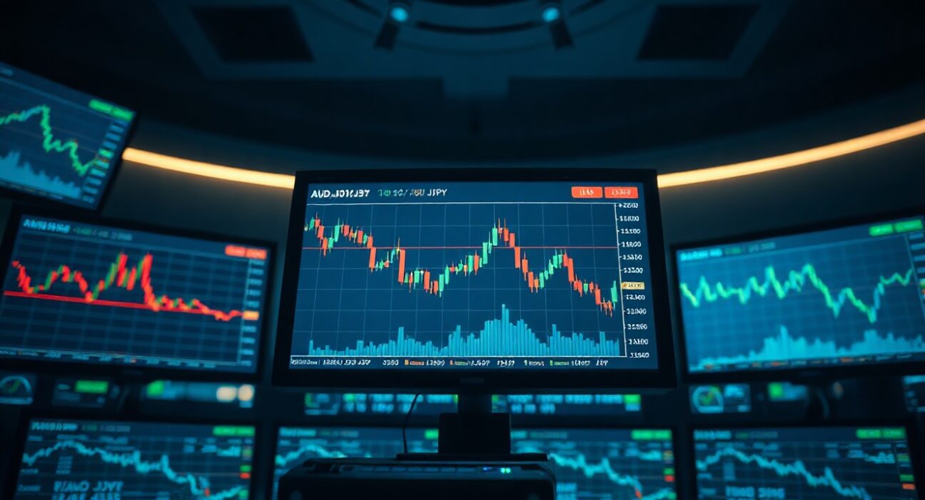 Trading monitors showing AUD/JPY exchange rate charts on a financial desk