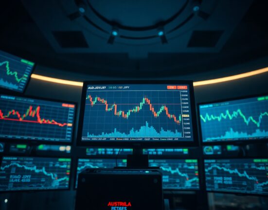 Trading monitors showing AUD/JPY exchange rate charts on a financial desk