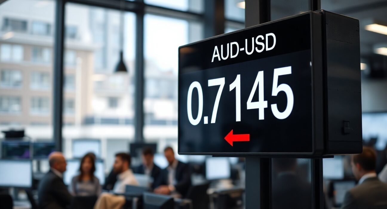 Digital trading screen showing AUD/USD exchange rate at 0.7145 with downward movement