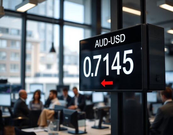 Digital trading screen showing AUD/USD exchange rate at 0.7145 with downward movement