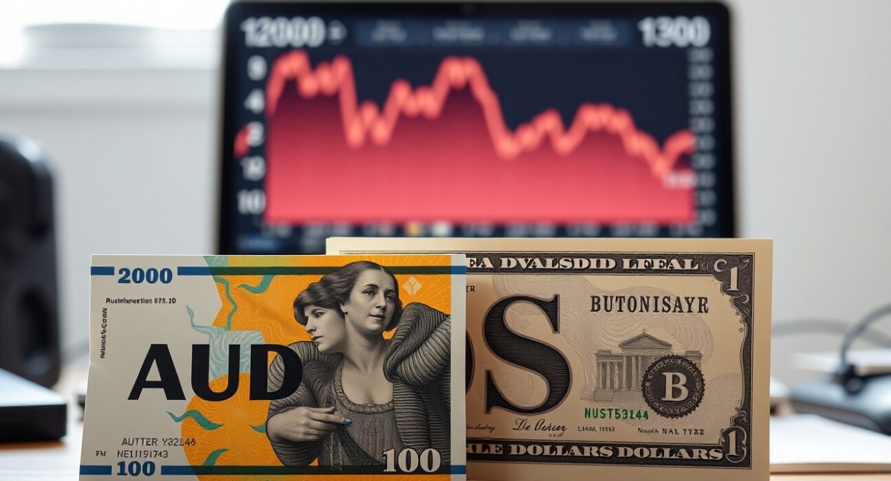Australian Dollar and US Dollar banknotes with a downward chart on a monitor in the background