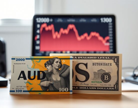 Australian Dollar and US Dollar banknotes with a downward chart on a monitor in the background